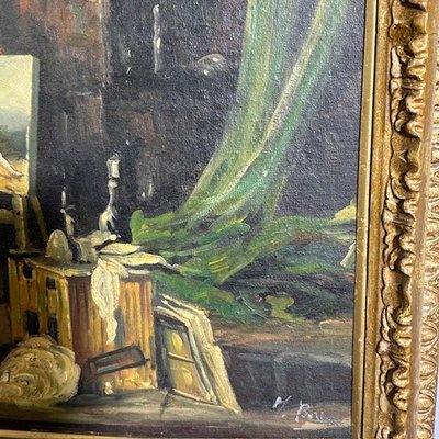 Peinture ancienne à l'huile sur bois. Atelier de l'artiste. Epoque 1850 avec cadre doré ancien. Taille 64 x 50 .