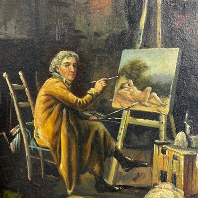 Peinture ancienne à l'huile sur bois. Atelier de l'artiste. Epoque 1850 avec cadre doré ancien. Taille 64 x 50 .