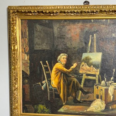 Peinture ancienne à l'huile sur bois. Atelier de l'artiste. Epoque 1850 avec cadre doré ancien. Taille 64 x 50 .
