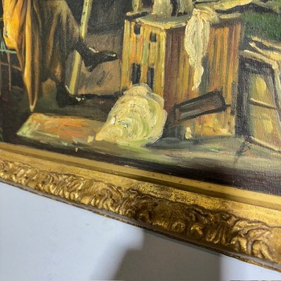 Peinture ancienne à l'huile sur bois. Atelier de l'artiste. Epoque 1850 avec cadre doré ancien. Taille 64 x 50 .