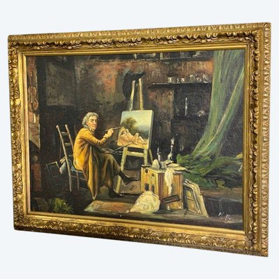 Peinture ancienne à l'huile sur bois. Atelier de l'artiste. Epoque 1850 avec cadre doré ancien. Taille 64 x 50 .