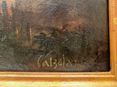 Ida CALZOLARI (nata nel 1936), Paesaggio animato, grande olio su tela
