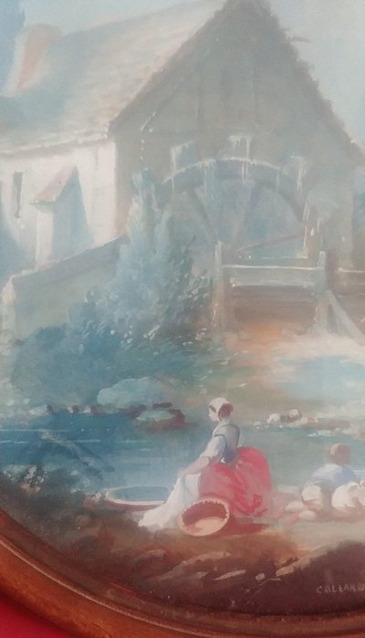 Gouache Lavandière Auprès d'Un Moulin à Eau (Lavandaia al mulino ad acqua)