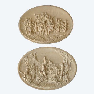 Coppia di bassorilievi in pietra calcarea pietrificata Louis Léopold Robert