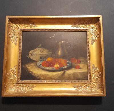  dipinto natura morta con frutta olio su tavola con cornice in legno dorato