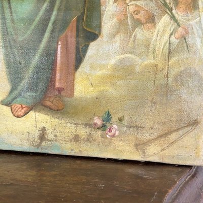 Ancienne peinture à l'huile du XVIIe siècle représentant Sainte Ursule et les onze vierges. École siennoise. Dimensions : 60 x 45