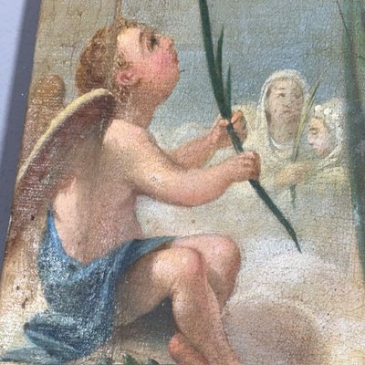 Ancienne peinture à l'huile du XVIIe siècle représentant Sainte Ursule et les onze vierges. École siennoise. Dimensions : 60 x 45