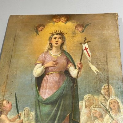 Ancienne peinture à l'huile du XVIIe siècle représentant Sainte Ursule et les onze vierges. École siennoise. Dimensions : 60 x 45