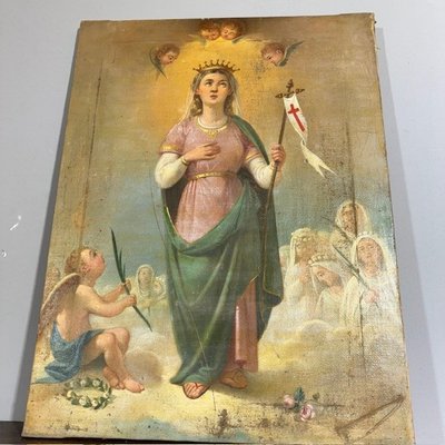 Ancienne peinture à l'huile du XVIIe siècle représentant Sainte Ursule et les onze vierges. École siennoise. Dimensions : 60 x 45