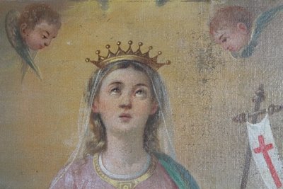 Ancienne peinture à l'huile du XVIIe siècle représentant Sainte Ursule et les onze vierges. École siennoise. Dimensions : 60 x 45