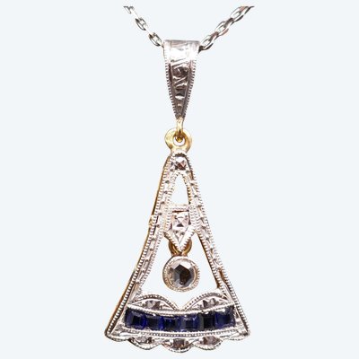 Pendentif Art Déco Diamant Et Saphir Calibrés, Or 18 Carats.