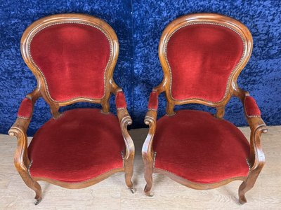 Coppia di poltrone d'epoca Luigi Filippo in noce