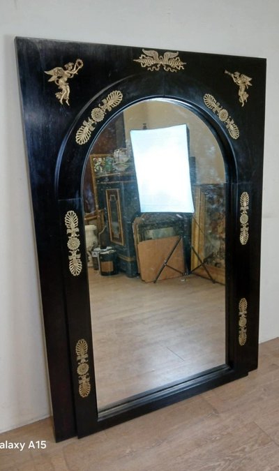 Important Miroir Empire En Bois Laqué Noir Et Bronze Doré époque XIXeme