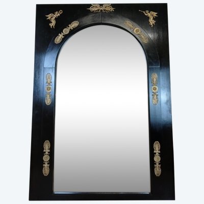 Important Miroir Empire En Bois Laqué Noir Et Bronze Doré époque XIXeme
