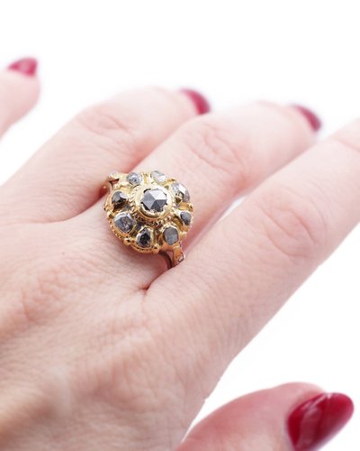 Bague Ibérique Fleur Diamants 18e En Or 18 Karats, Bague Espagnole, Bijou XVIIIe Siècle