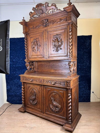 Buffet De Pavillon De Chasse Style Renaissance En Chêne Massif Vers 1850