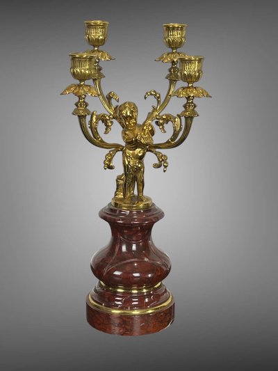 PAIR OF 4-LIGHT GILT BRONZE CANDELABRA ON A GRIOTTE MARBLE BASE