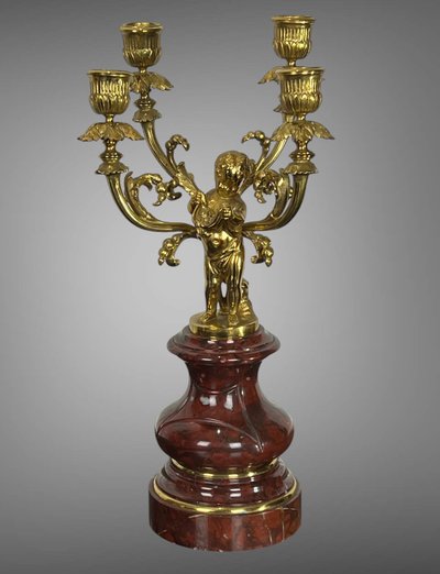 PAIR OF 4-LIGHT GILT BRONZE CANDELABRA ON A GRIOTTE MARBLE BASE