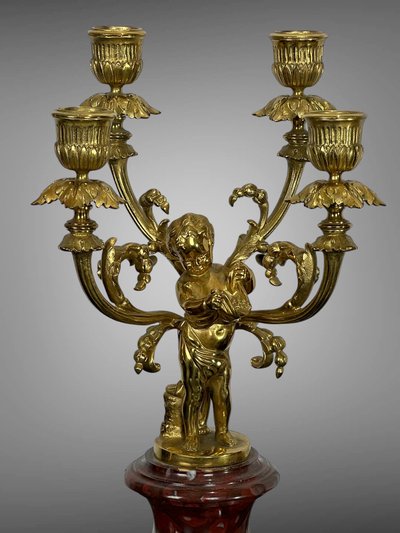 PAIR OF 4-LIGHT GILT BRONZE CANDELABRA ON A GRIOTTE MARBLE BASE