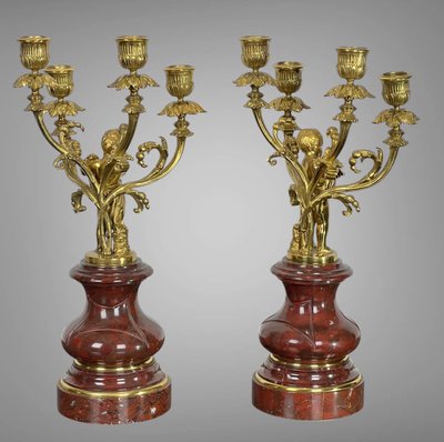 PAIR OF 4-LIGHT GILT BRONZE CANDELABRA ON A GRIOTTE MARBLE BASE