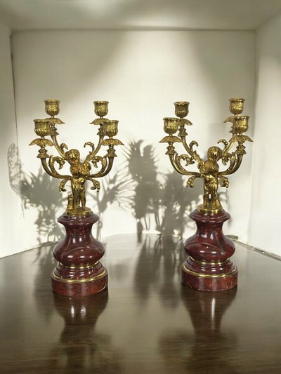 PAIR OF 4-LIGHT GILT BRONZE CANDELABRA ON A GRIOTTE MARBLE BASE