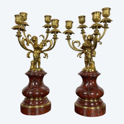 PAIR OF 4-LIGHT GILT BRONZE CANDELABRA ON A GRIOTTE MARBLE BASE