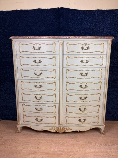 Semainier Arbalète A Double Rang De Tiroirs Style Louis XV En Bois Laqué Et Doré Vers 1900
