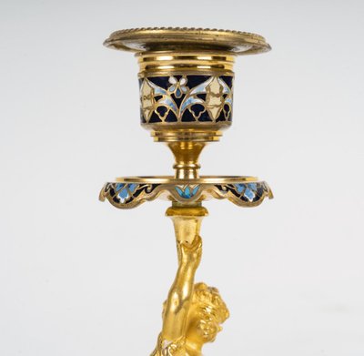 Coppia di candelieri in bronzo dorato e smalto cloisonné, fine XIX secolo