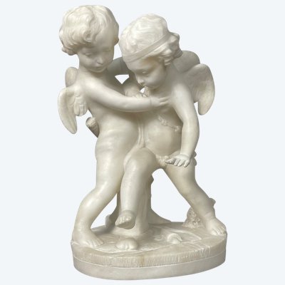 Sculpture En Albâtre De 2 Amours  XIX Siècle
