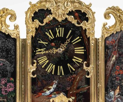 An Art Nouveau Gilt Bronze and Painted Glass Screen Clock