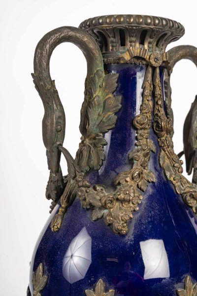 A Pair of Blue Porcelain and Gilt Bronze Vases, 19th Century
