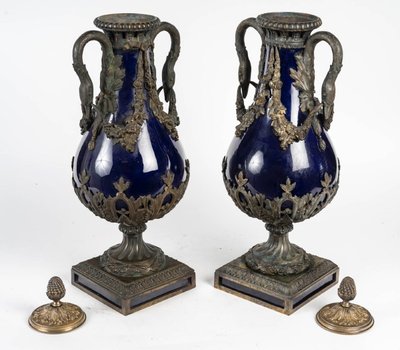 A Pair of Blue Porcelain and Gilt Bronze Vases, 19th Century