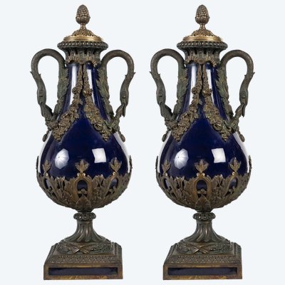 A Pair of Blue Porcelain and Gilt Bronze Vases, 19th Century