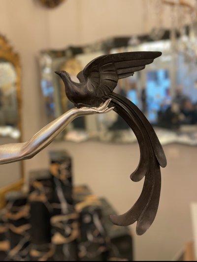 Scultura Uccelli del Paradiso, Bronzo Art Déco, Marmo Portor, Firmata G. Daverny