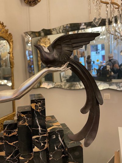 Scultura Uccelli del Paradiso, Bronzo Art Déco, Marmo Portor, Firmata G. Daverny