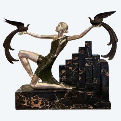 Scultura Uccelli del Paradiso, Bronzo Art Déco, Marmo Portor, Firmata G. Daverny