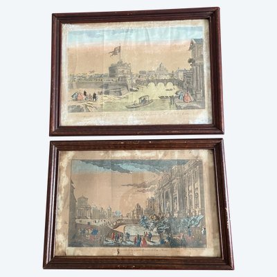 Large pair of mid 18th century antique optical views circa 1740