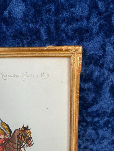 G. Bitry-boëly XIXeme : Acquerello raffigurante un soldato e la sua carriera di ufficiale ussaro del 1809
