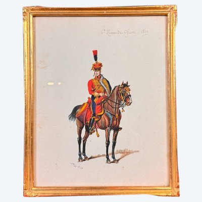 G. Bitry-boëly XIXeme : Acquerello raffigurante un soldato e la sua carriera di ufficiale ussaro del 1809