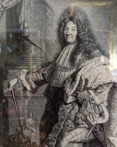 Großer royalistischer Stich: König Ludwig XIV. in Majestät, vergoldeter Holzrahmen - 82cm x 99,5cm