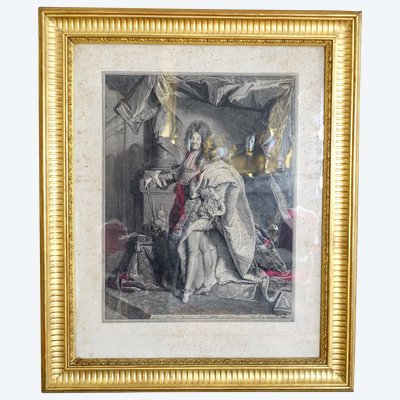 Großer royalistischer Stich: König Ludwig XIV. in Majestät, vergoldeter Holzrahmen - 82cm x 99,5cm