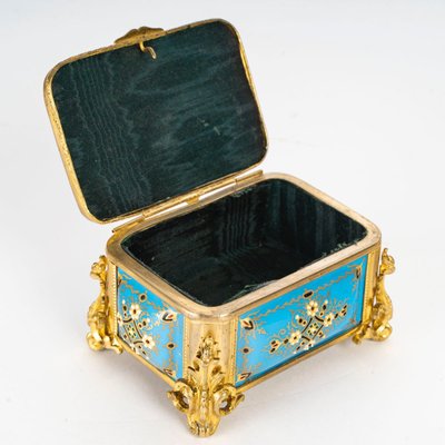 Scatola per gioielli in bronzo dorato e smalto, fine XIX secolo