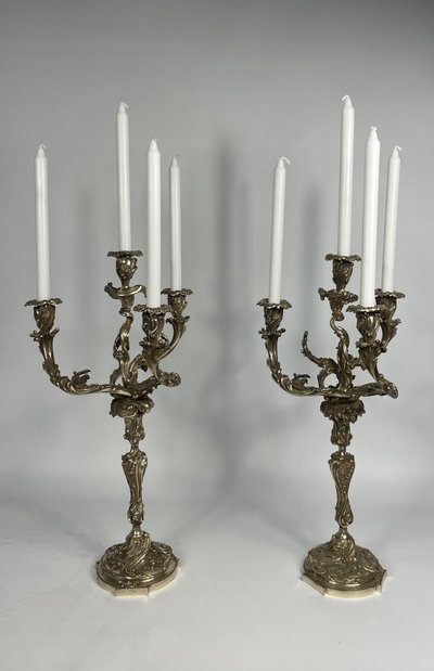 Coppia di candelabri in stile Luigi XV in bronzo argentato 