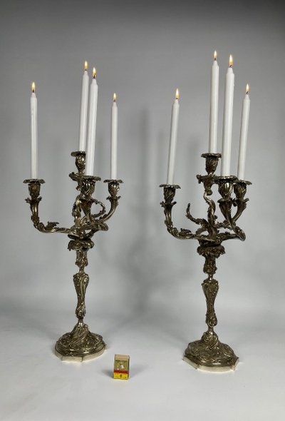 Coppia di candelabri in stile Luigi XV in bronzo argentato 