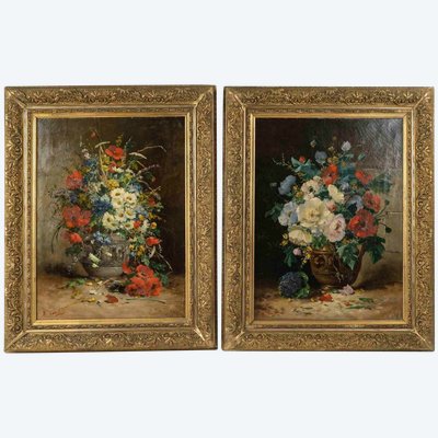 Coppia di dipinti floreali di Henri Cauchois