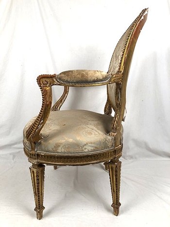 Armchair in carved and gilded wood, Louis XVI style, circa 1900