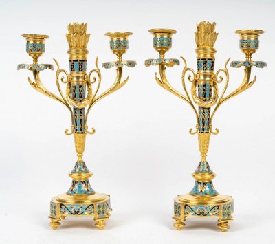 A Pair of Gilt Bronze and Cloisonné Enamel Candlesticks, Circa 1880
