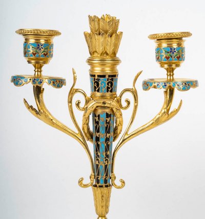 A Pair of Gilt Bronze and Cloisonné Enamel Candlesticks, Circa 1880