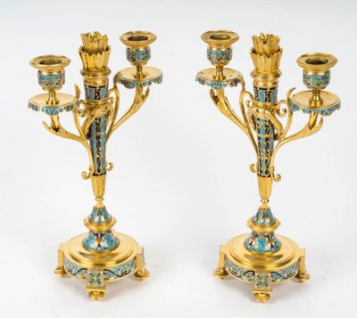 A Pair of Gilt Bronze and Cloisonné Enamel Candlesticks, Circa 1880