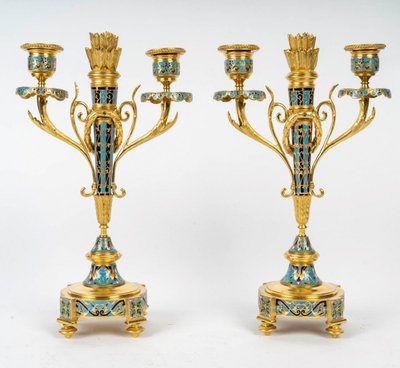 A Pair of Gilt Bronze and Cloisonné Enamel Candlesticks, Circa 1880